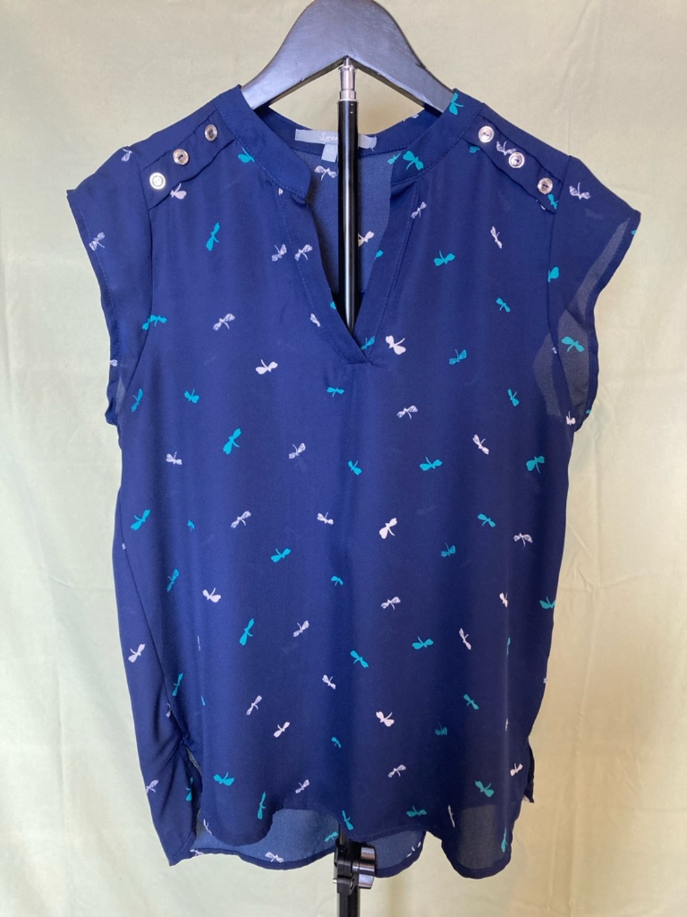 Sweet Rain Navy w/Dragonfly Pr V-Neck Cap-Sleeve Blouse with Teal & White Motif